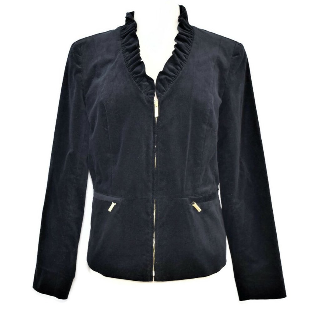 Jones New York Velvet Evening Cocktail Jacket Dress Ruffle V-neck Gold Zipper 12